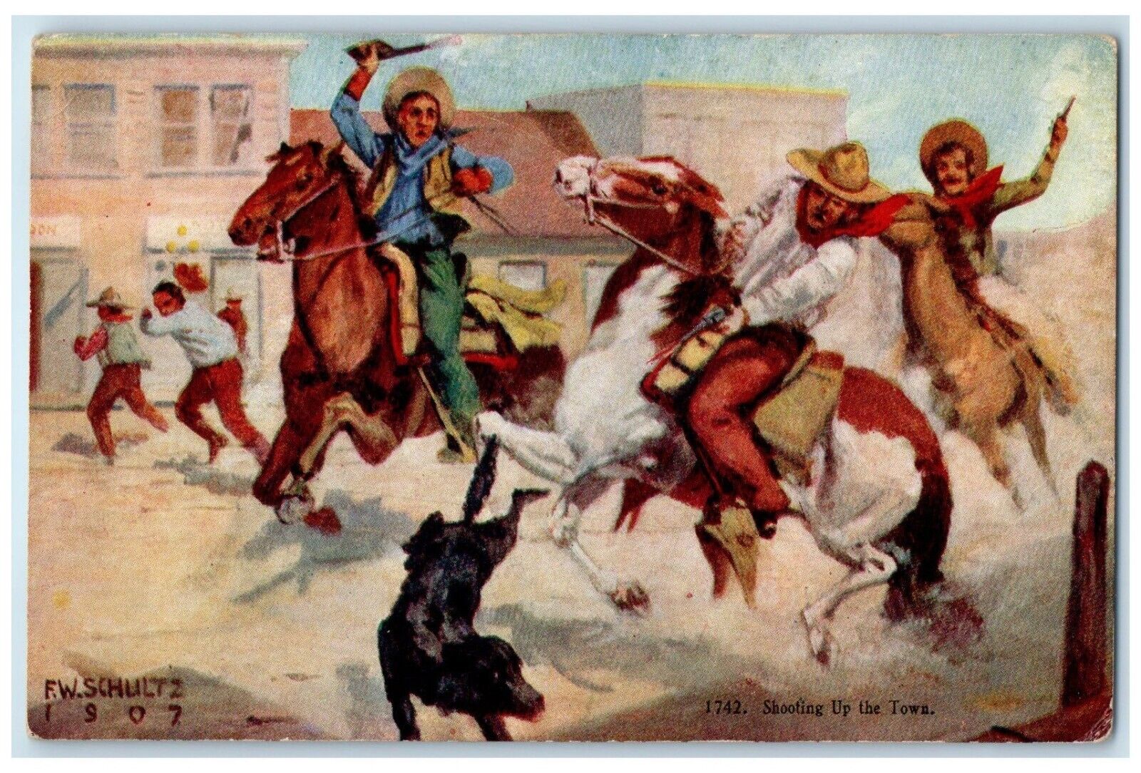 c1910's Horse Cowboy Rodeo Shooting Up The Town Gun Unposted Antique Postcard