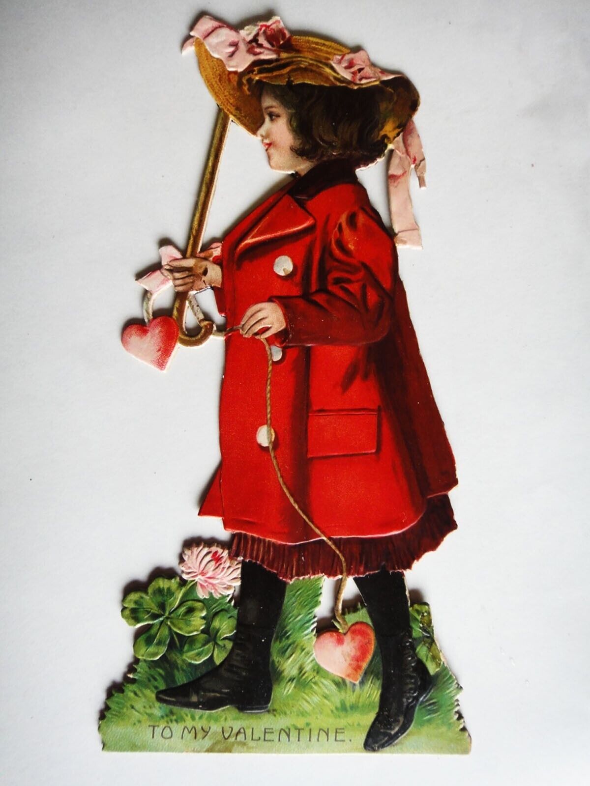 antique victorian EMBOSSED DIE CUT VALENTINE CARD cardboard PRETTY GIRL