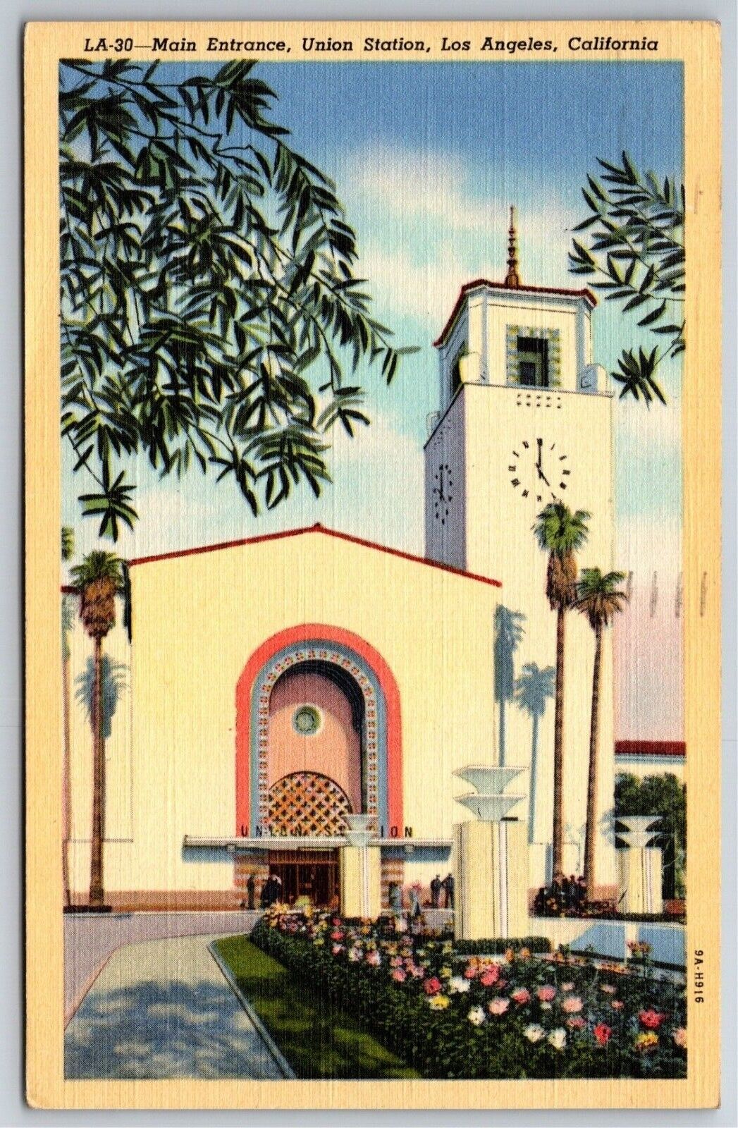 Main Entrance, Union Station Los Angeles Linen Postcard 1945 PM VGC