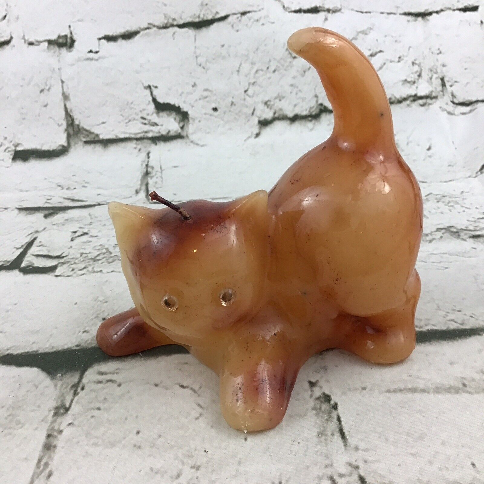 Vintage Candle Playful Kitten Molded Amber Color Wax Cat Never Lit