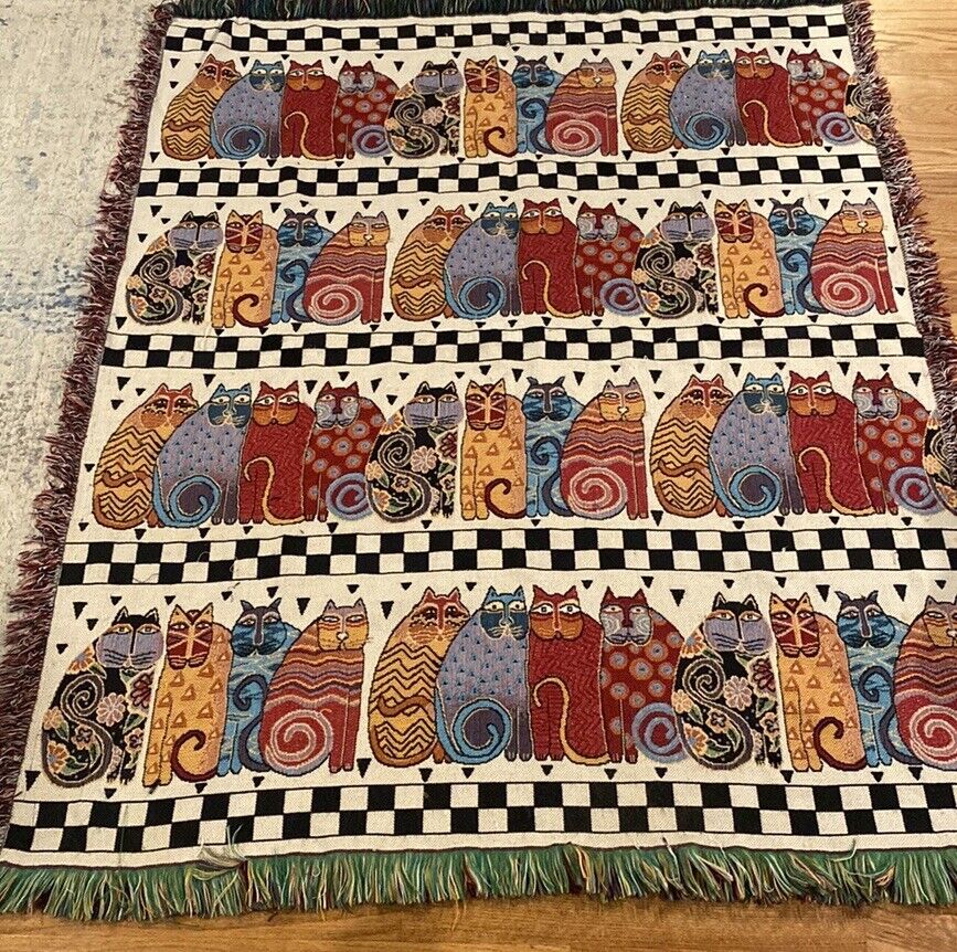 Laurel Burch Cats Tapestry Throw With Fringe Blanket Native Felines Pre Owned