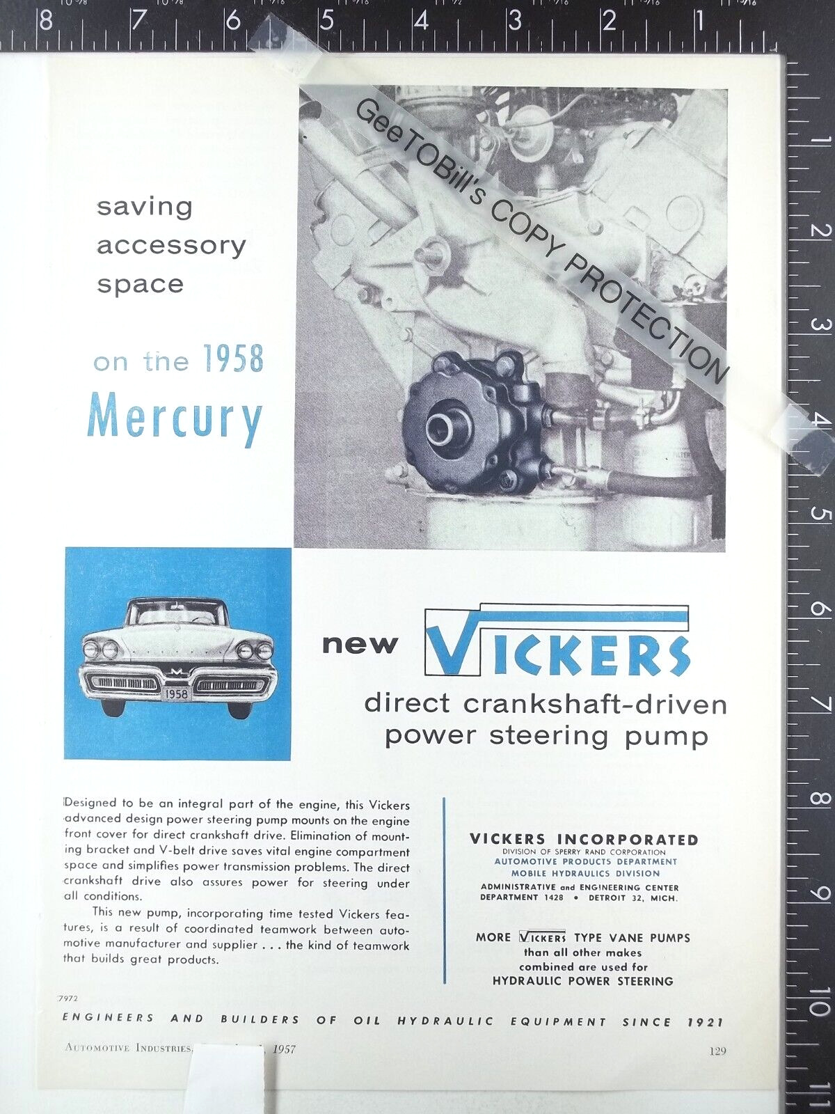 1957 ADVERTISING for Vickers Inc power steering pumps for 1958 Mercury Park Lane