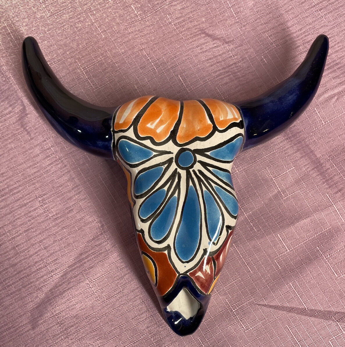 Mexican Talavera Pottery Steer Cow Bull Skull Horns Wall Folk Art 7”