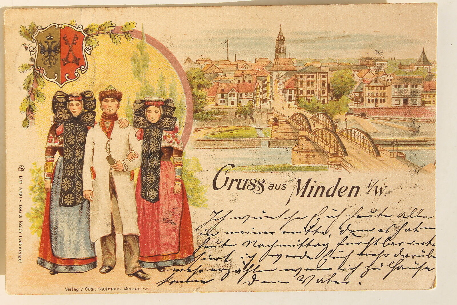 24539 Litho Ak Gruß Aus Minden IN Westphalia Emblem City Bridge Traditional 1899