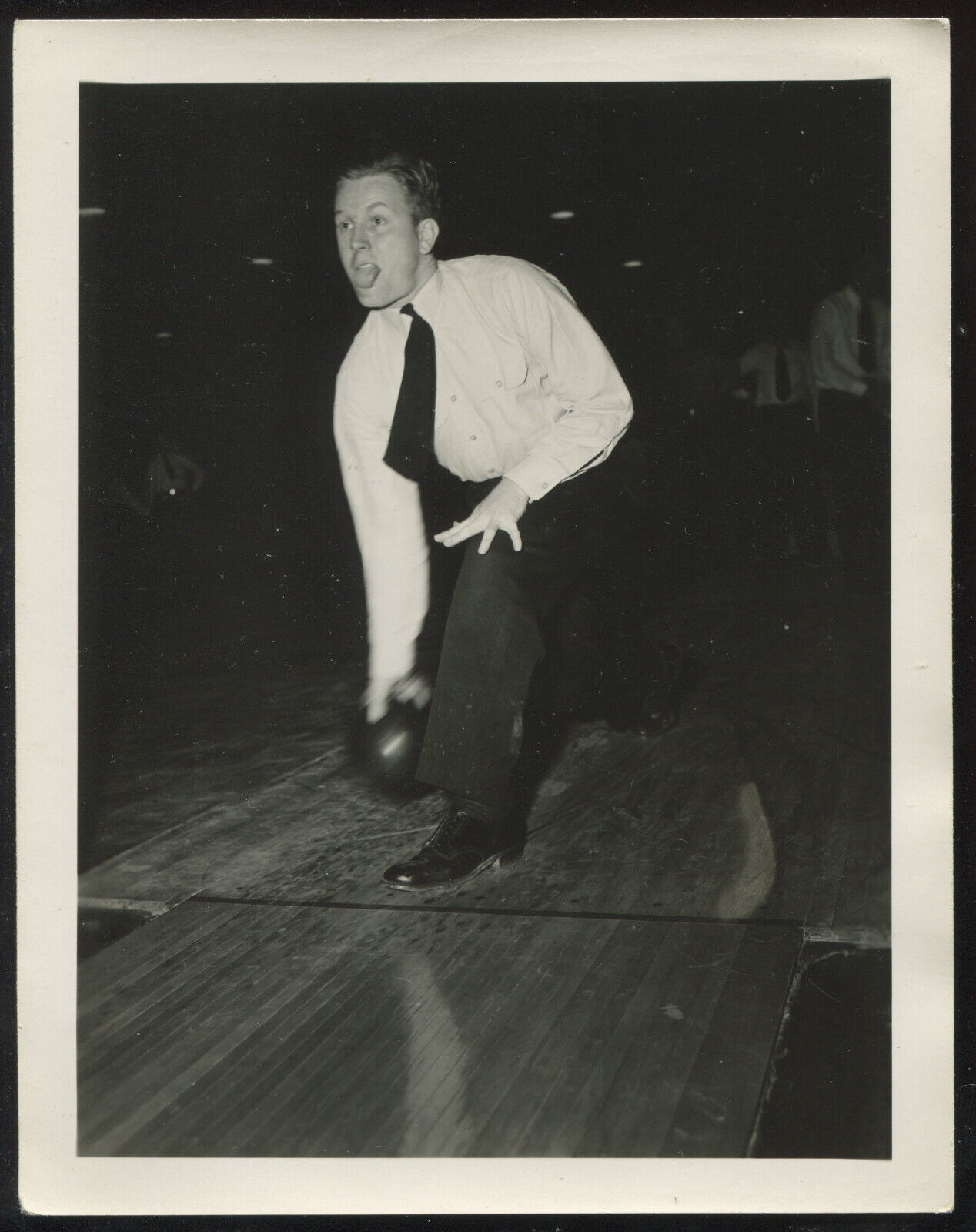 FOUND PHOTO Funny Face Guy Bowling 1950s Motion Blur Odd Unusual Snapshot VTG