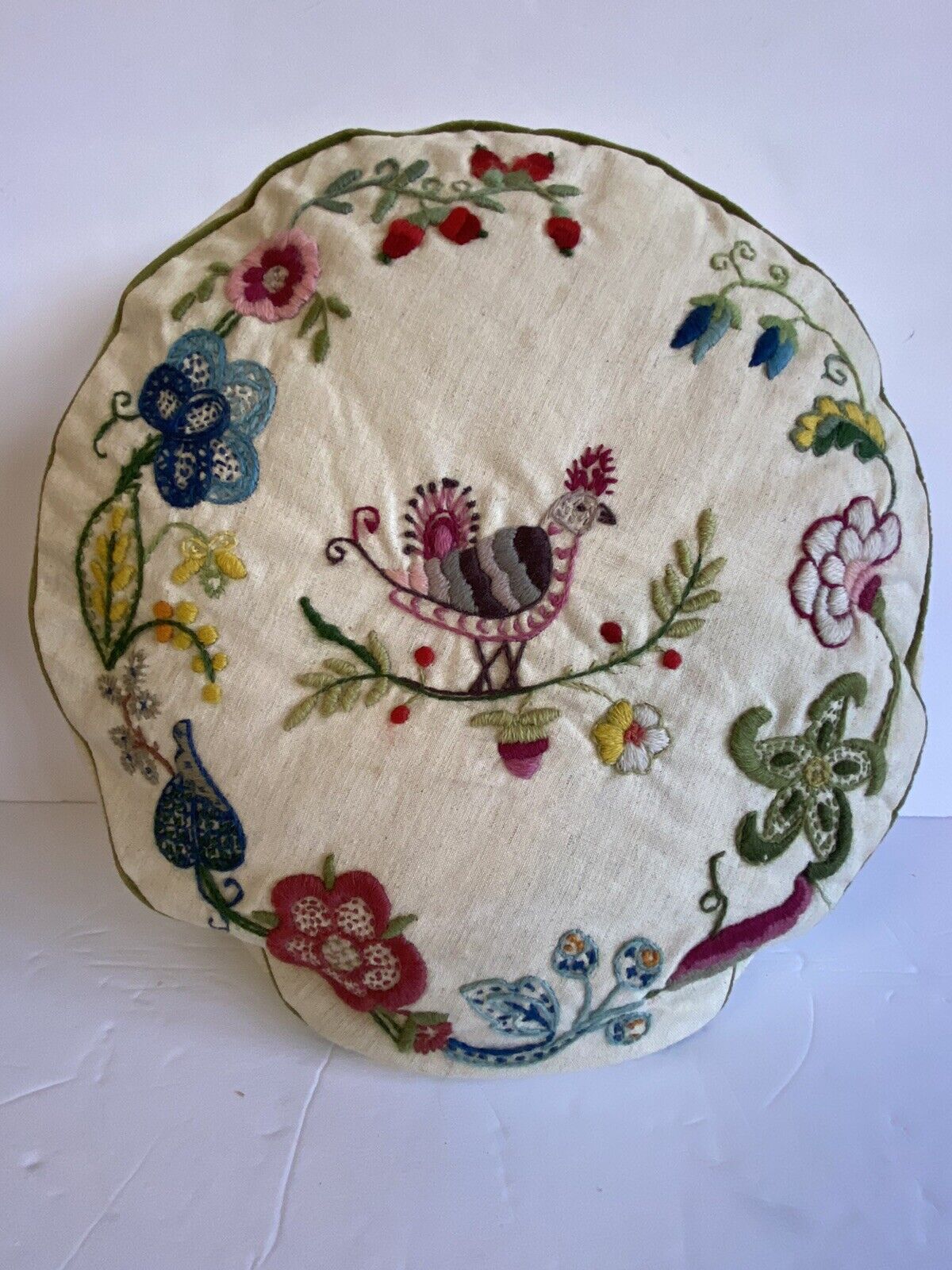 Vintage Decorative Pillow Round Crewel With Flowers and A Partridge 13\