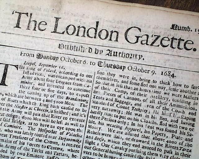 Very Early Rare 1684  London Gazette England British Newspaper 340 Years Old 