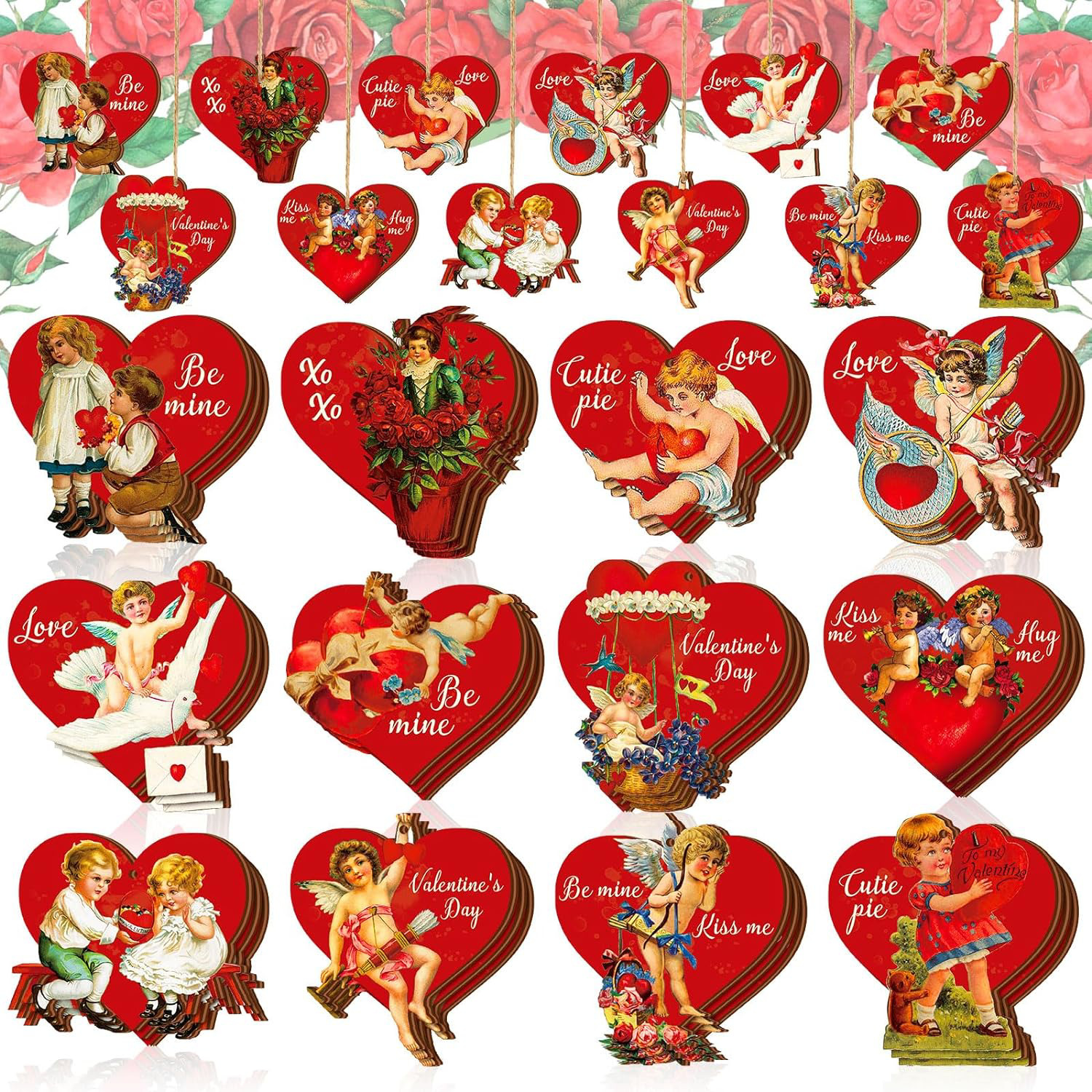 Anglechic 36 Pcs Vintage Valentine Ornaments Wooden Tree Ornaments Angel Heart