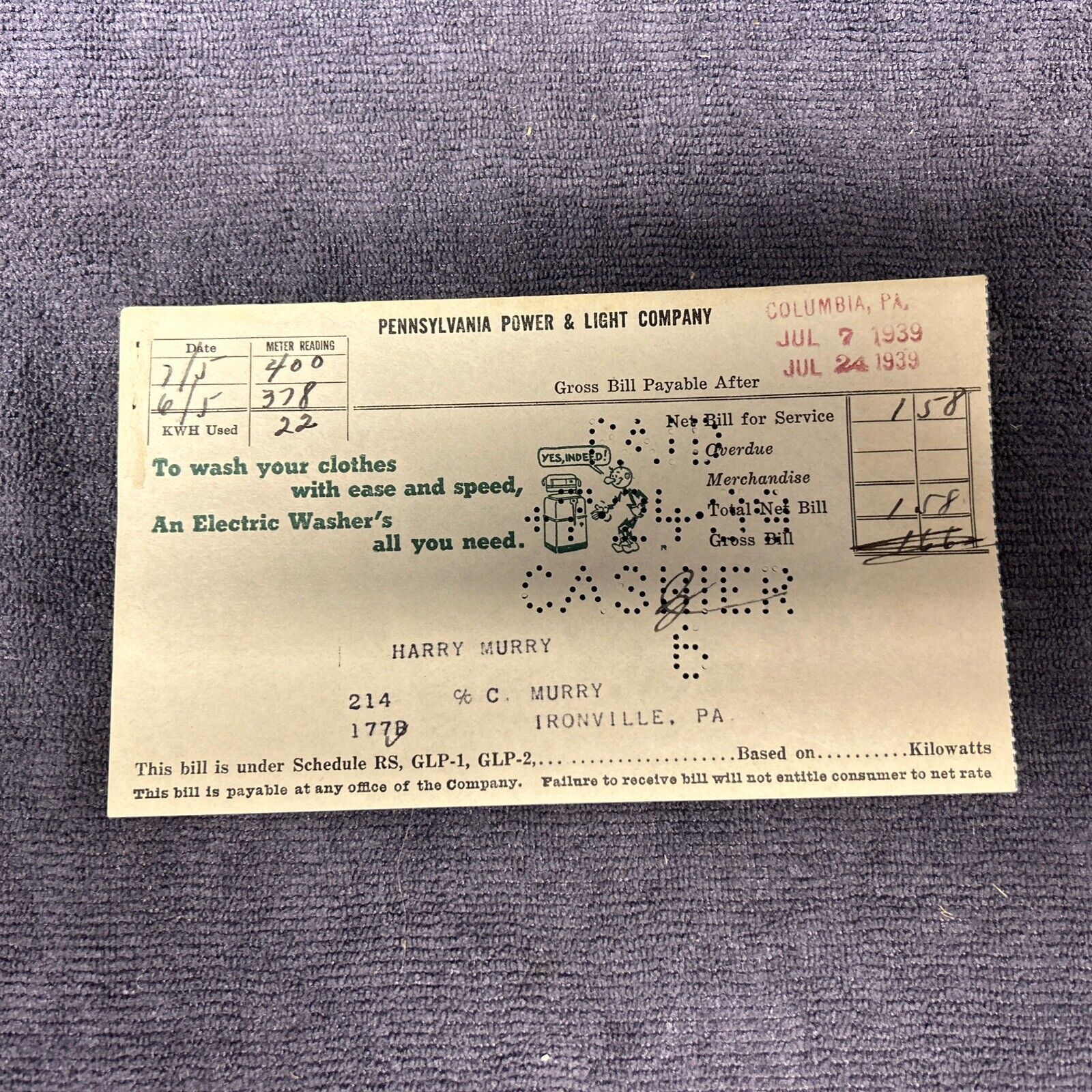 Vintage Pennsylvania Power and Light Company Electric Bill. Date 1939. Nice