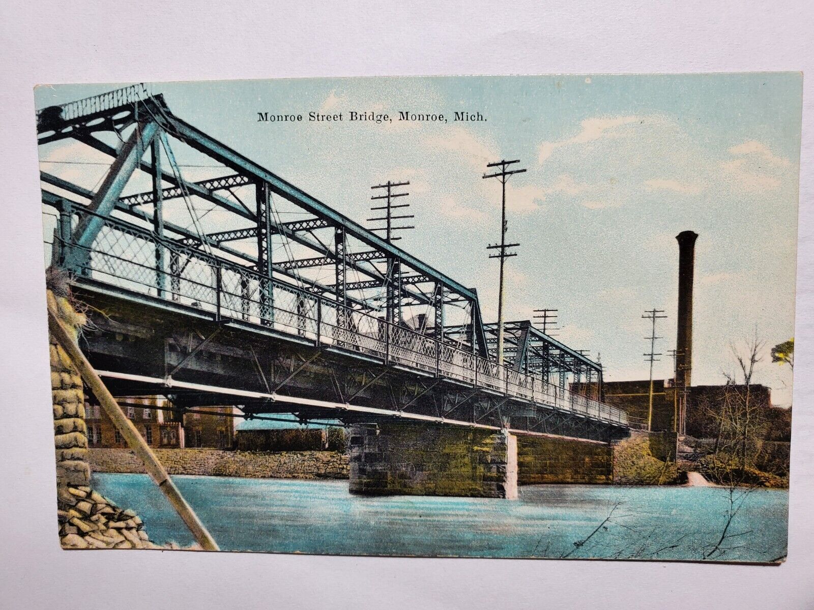 Farmer Fred Postcard Monroe Street Bridge Monroe MI from shore 1879 bridge