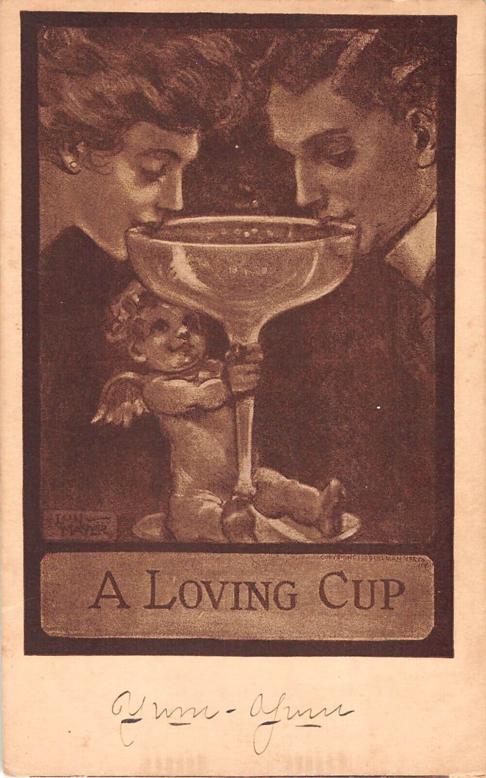 1909 Sepia-Toned Fantasy PC-Cupid Holds Goblet For Lovers to Drink-Lou Mayer