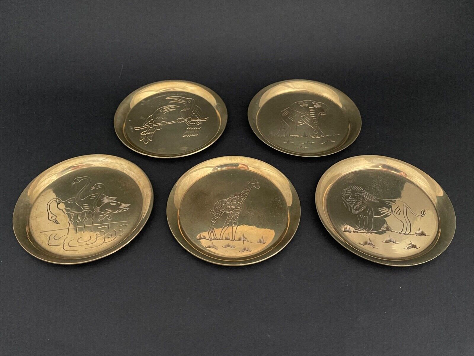 Set of 5 Brass Coasters Safari jungle Animals Hand engraved India etched  lion+