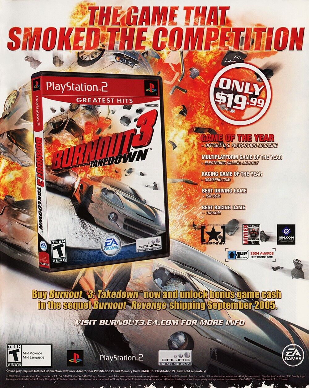 Burnout 3 Takedown PS2 Original 2006 Ad Authentic EA Racing Video Game Promo
