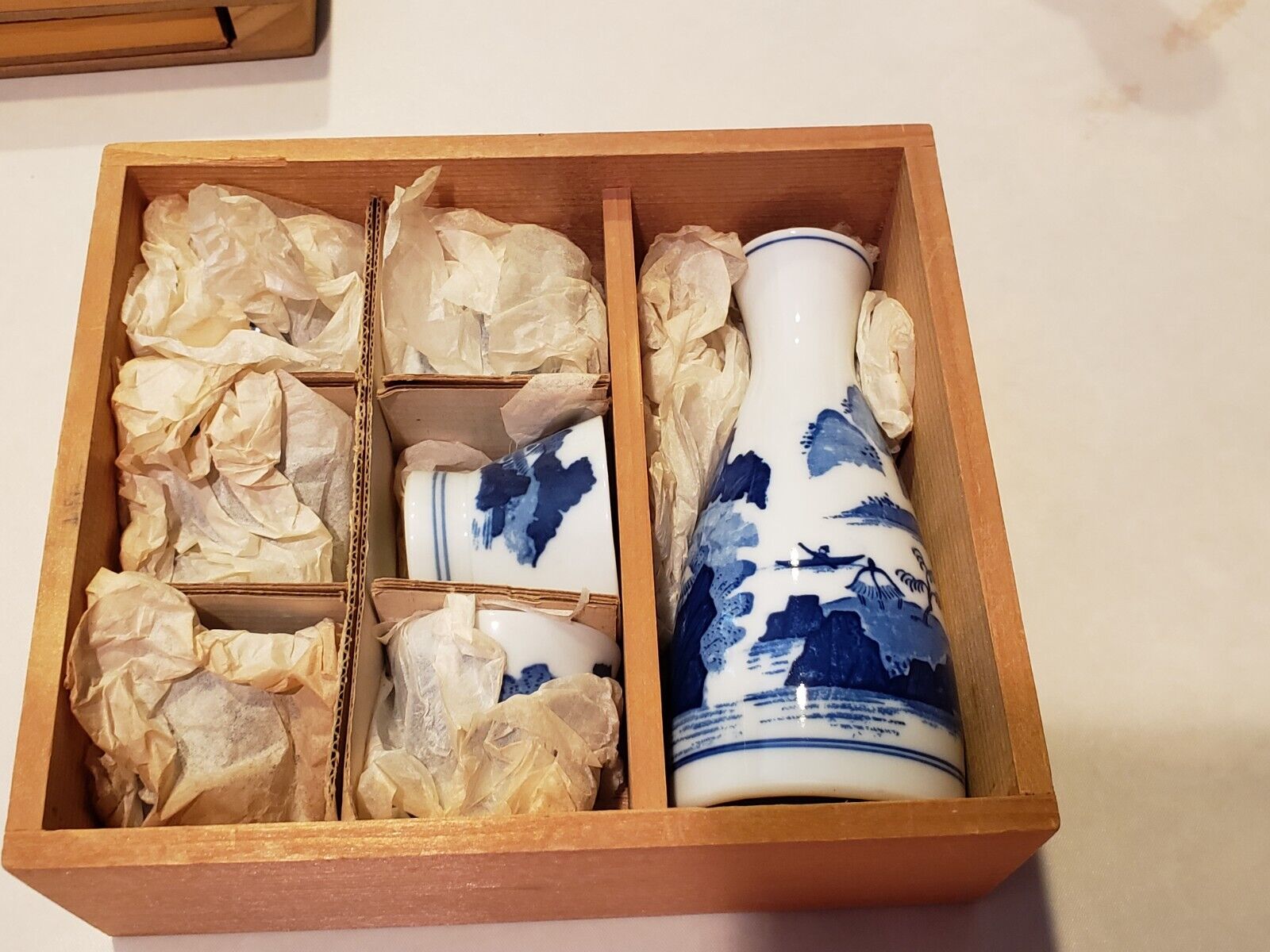 Vintage 7 Piece Sake Set Porcelain Made in Japan Blue & White