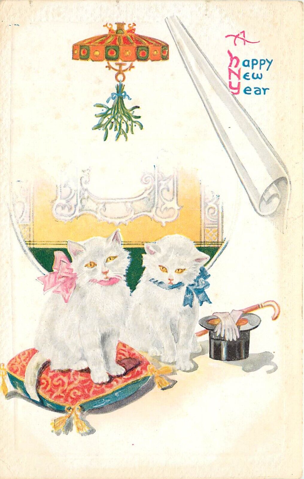 Embossed New Year Postcard 101. 2 White Cats under Lamp w/ Mistletoe, Posted