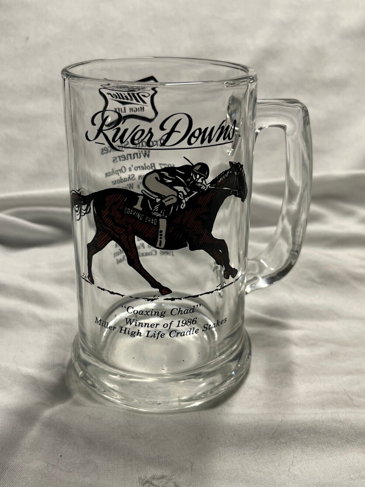 Vtg River Downs Glass Beer Mug- Coaxing Chad 1986 Cradle Stakes Winner