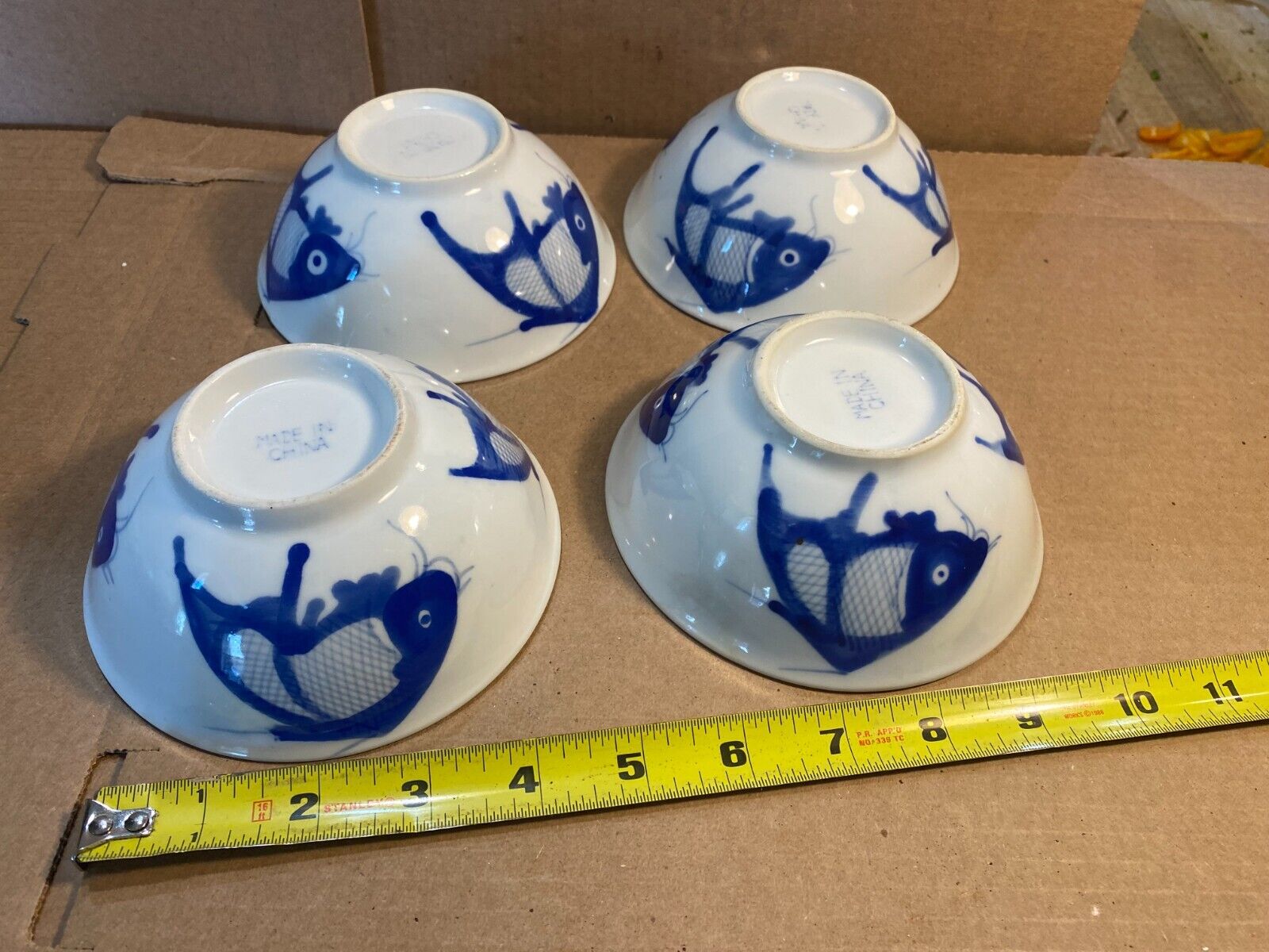 Set of 4 Vintage Blue and White Koi Fish Theme Bowls - China  approx 4\