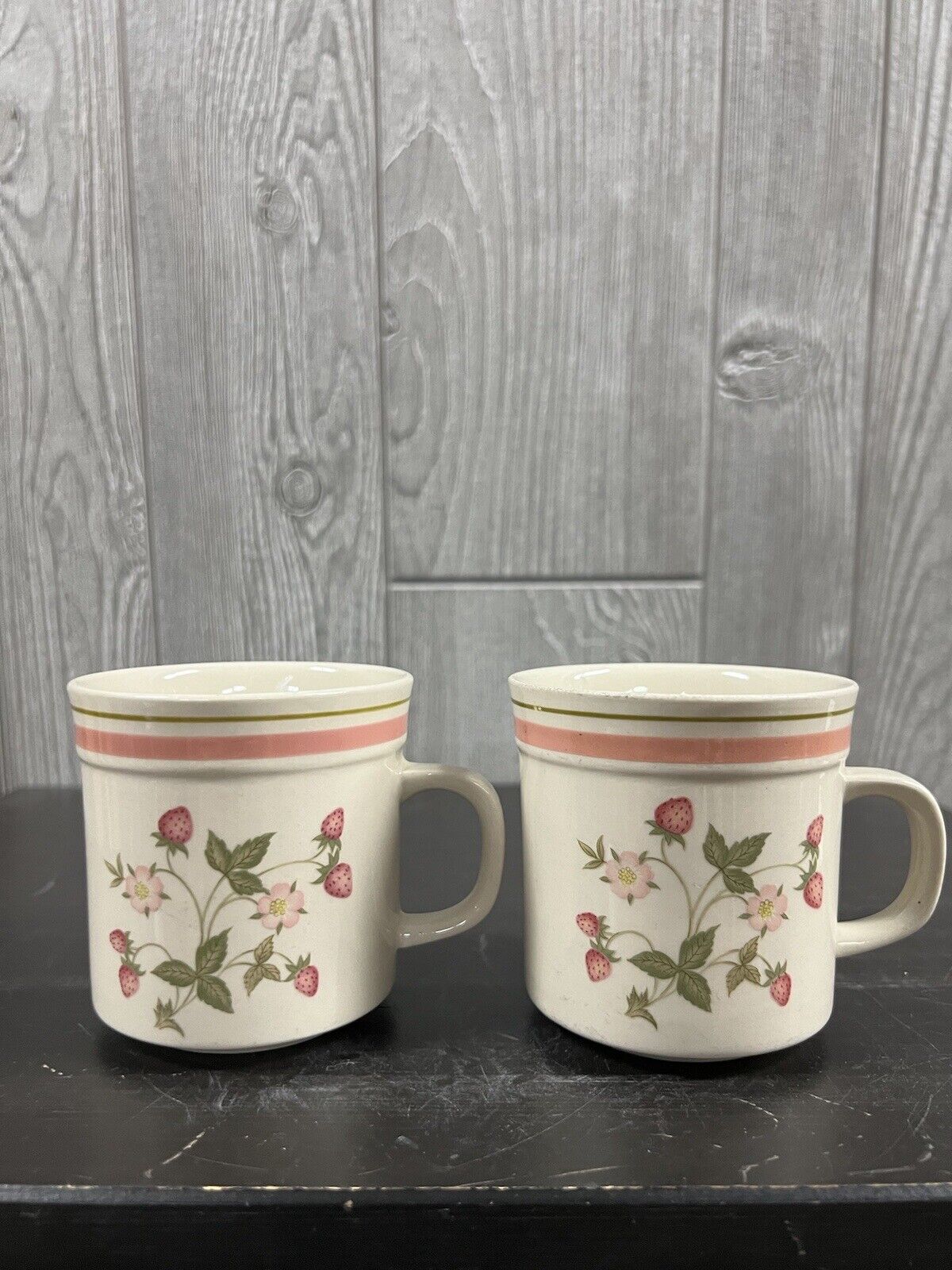 Vintage Newcor Stoneware Strawberry Patch 8 Oz Coffee/Tea Cup Set of 2
