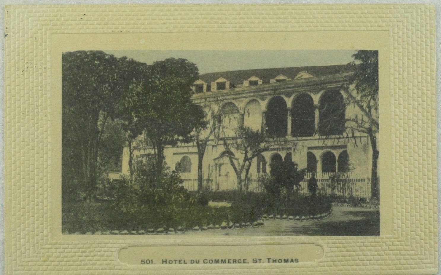 C. 1900-08 501. Hotel Du Commerce, St. Thomas Hand Colored Vintage Postcard F29