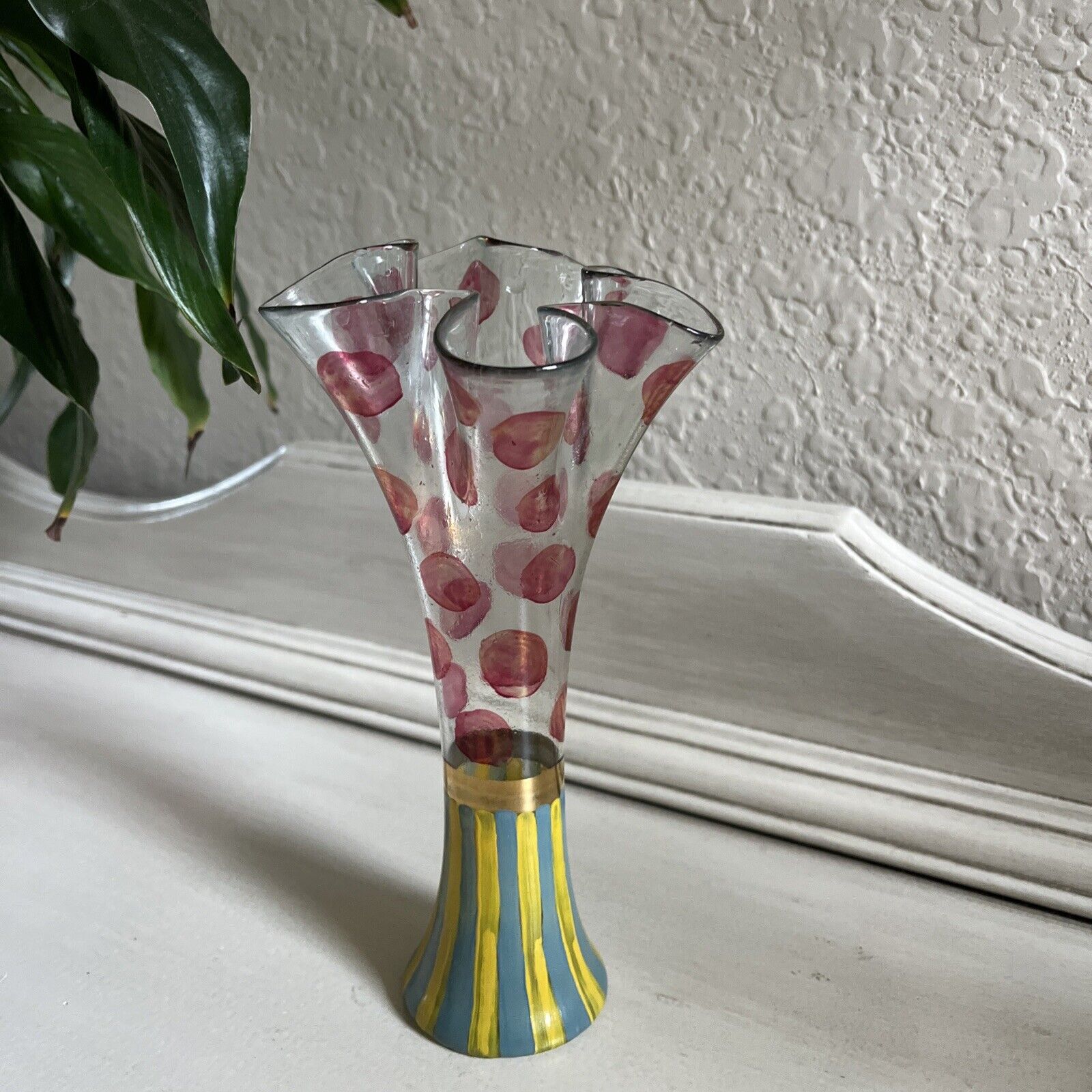 MacKenzie Childs Fluted Clown Hand Painted Glass 7” Tall Bud Rose Vase 1993