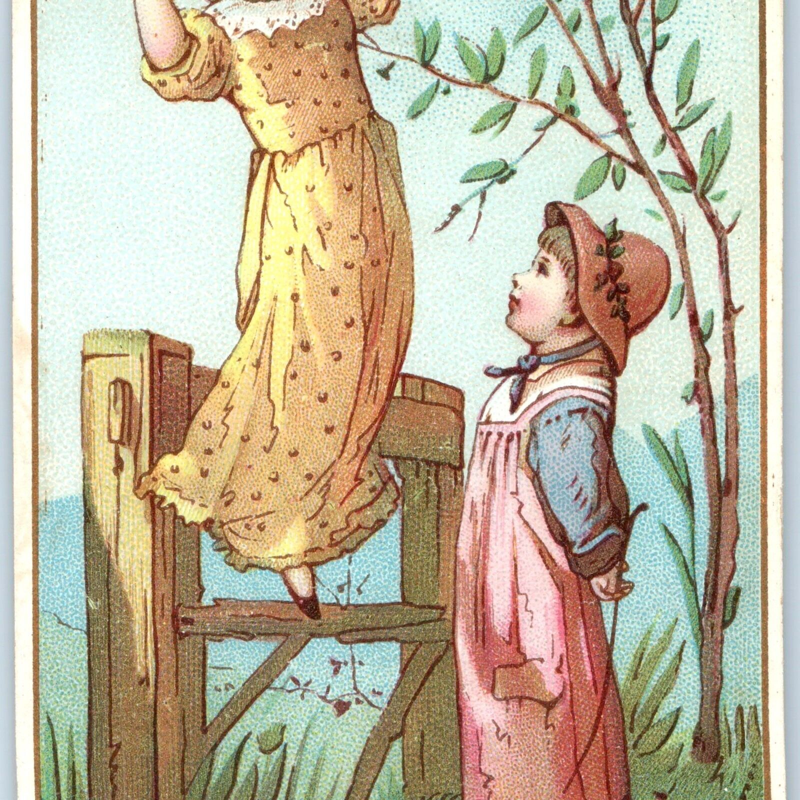 c1880s Christmas Trade Card Cute Girls Play Tree Birds Nest Victorian Vtg C35