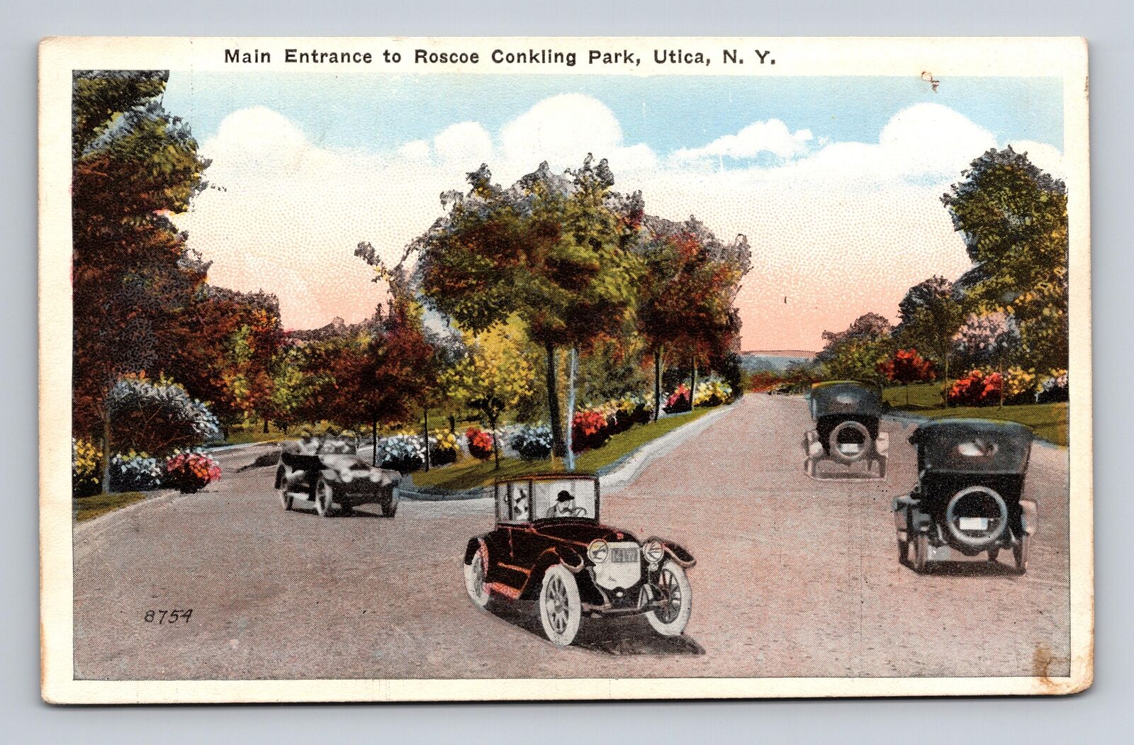 WB Postcard Utica NY New York Roscoe Conkling Park Entrance Old Cars