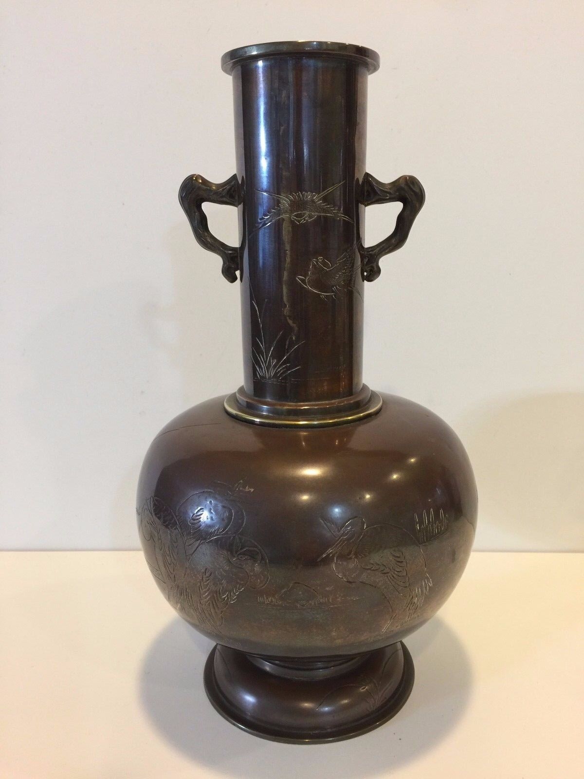 Vintage Chinese/Japanese Hand Chased Landscape Bronze Vase w/Ears, Signed by 程啓