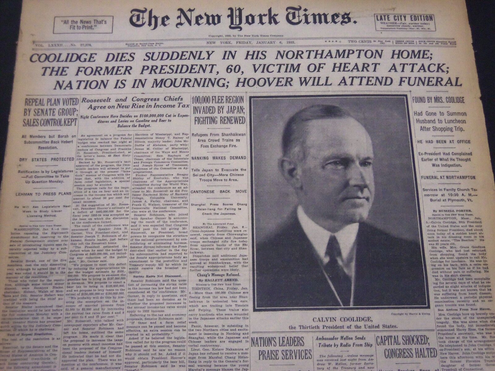 1933 JANUARY 6 NEW YORK TIMES - COOLIDGE DIES SUDDENLY IN HIS HOME - NT 5251