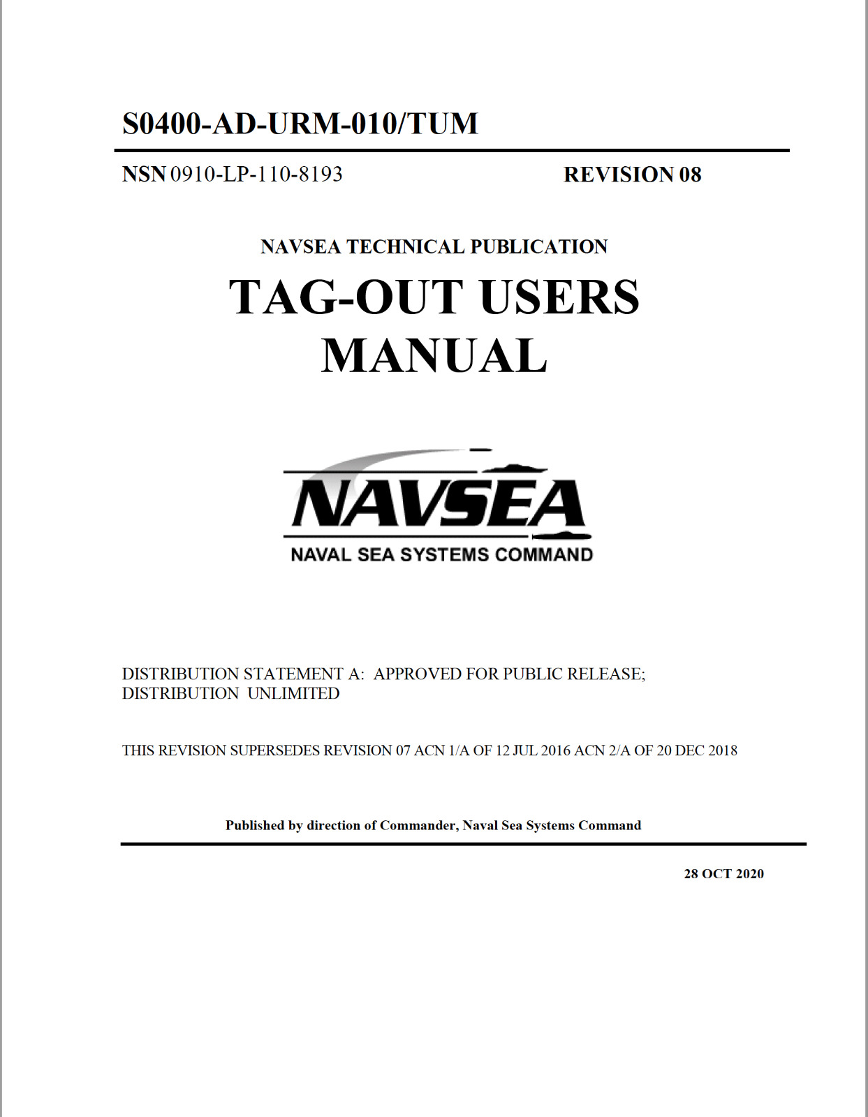106 Page NAVSEA Navy Ship Safety TAG-OUT USERS MANUAL October 2020 on Data CD