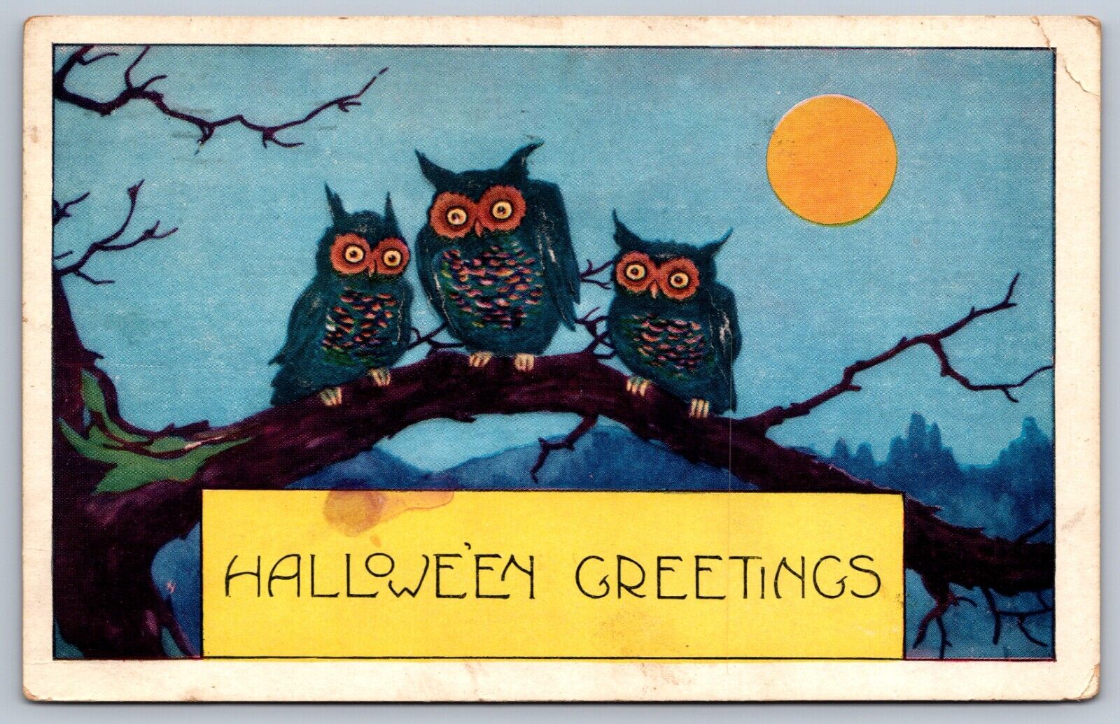 Halloween Postcard Three Owls and Moon Greetings Whitney Made c1920s Fair A6