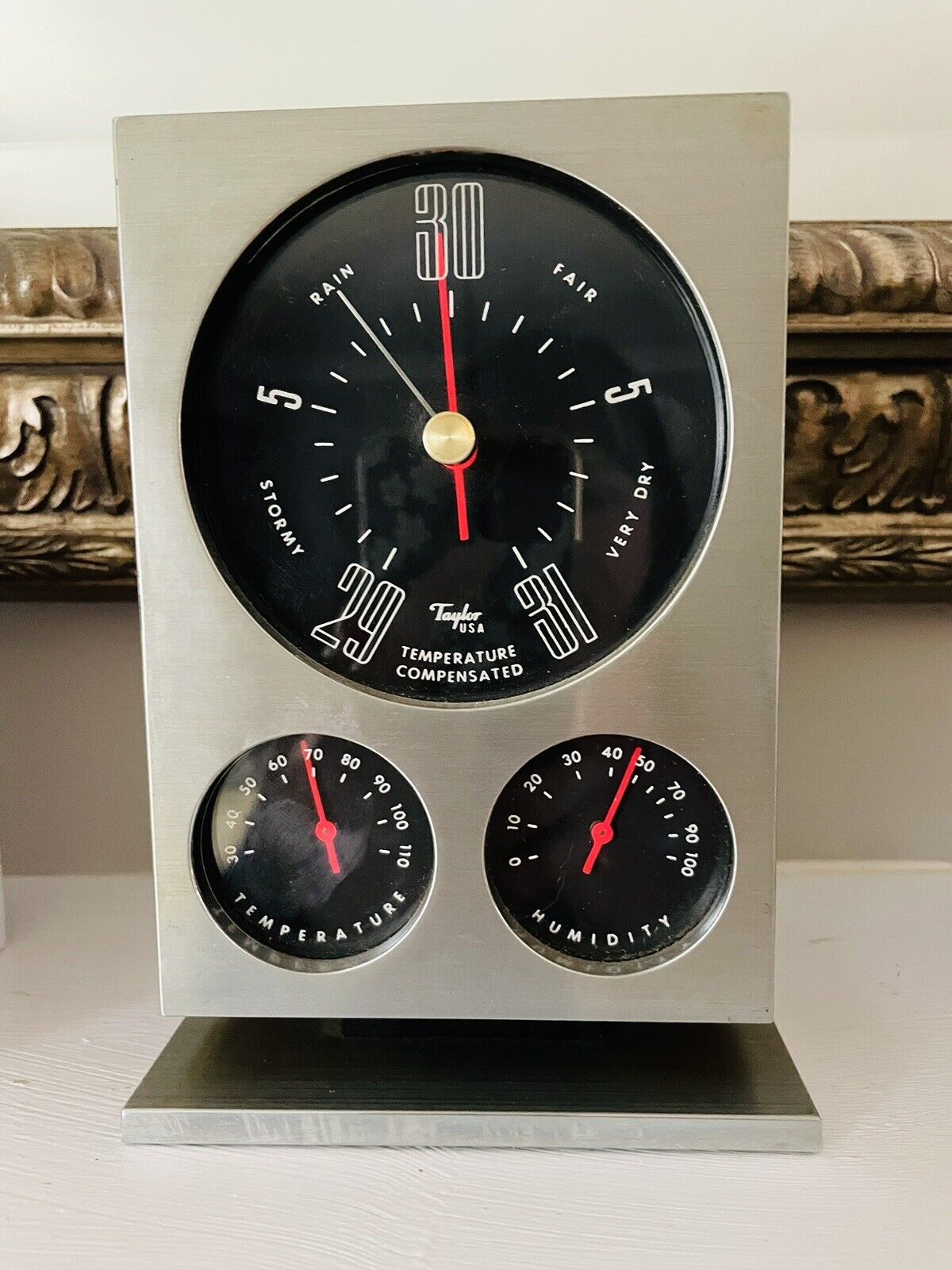Vintage Mid Century MCM Modern Wood Chrome Taylor USA Barometer Weather Station
