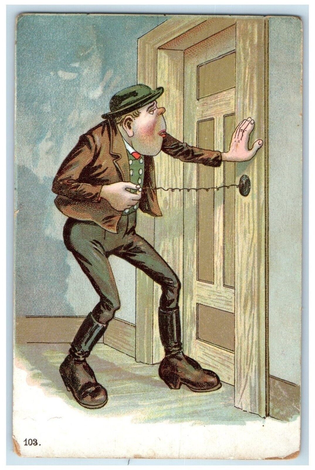 c1910's Drunk Man Pulling Doorbell Humor Unposted Antique Postcard