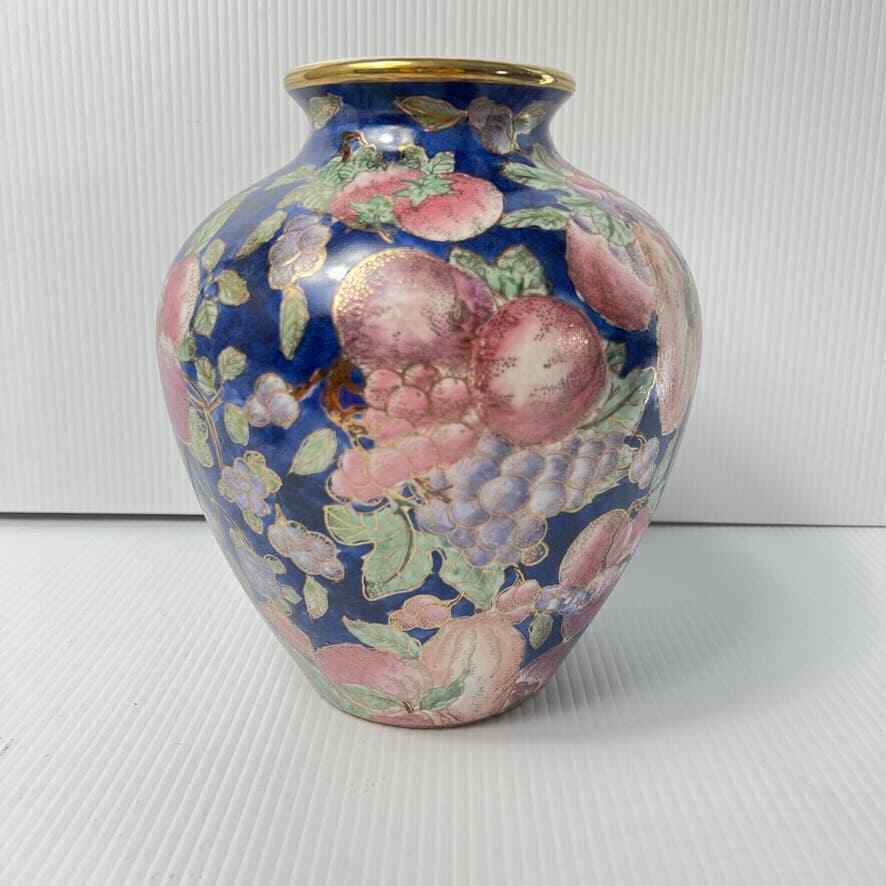 Vintage Plum Grape Design Round Porcelain Vase Gilded Gold Blue Grandmillenial