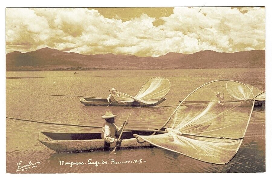 EKC Real Photo Postcard Lake Pátzcuaro Michoacán Mexico Fisherman Butterfly Nets