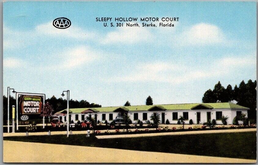 Vintage 1950s Starke, Florida Postcard SLEEPY HOLLOW MOTOR COURT Kropp CHROME
