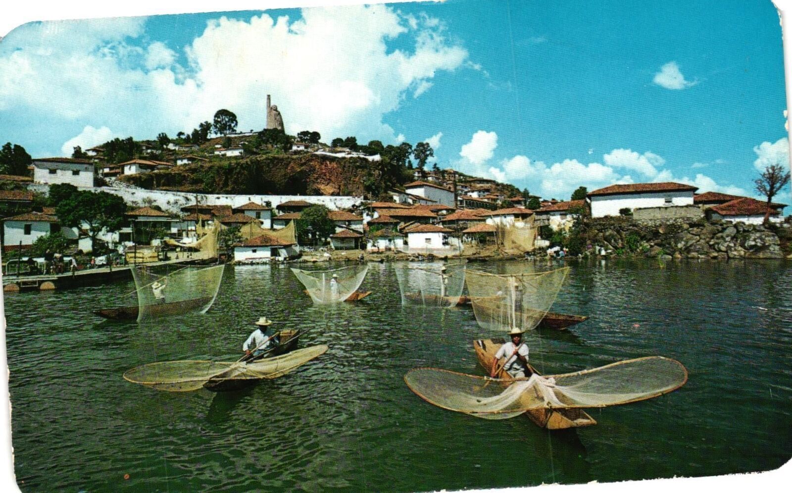 Vintage Postcard- Butterfly-net Fishermen from Janitzio Island, Lago Patzcuaro,