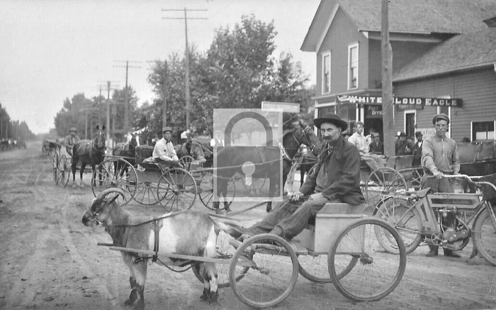 Street View Buggy Wagon Motorcycle White Cloud Michigan MI Reprint Postcard