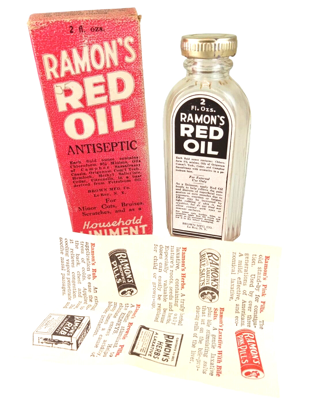 Vintage Medicine Bottle RAMON\'S RED OIL Empty W/Box & Paper Antiseptic Liniment