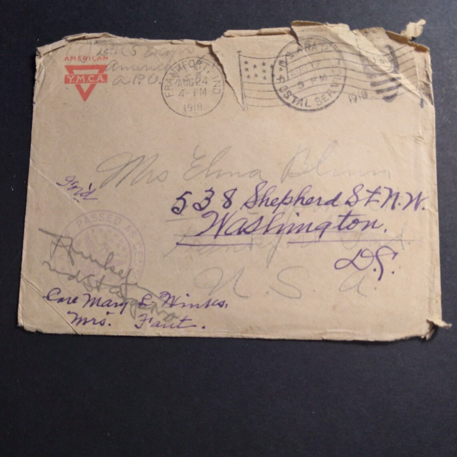 Censered Soldier\'s Mail Cover From WW1 YMCA Contributed Stationary. Flag Cancel