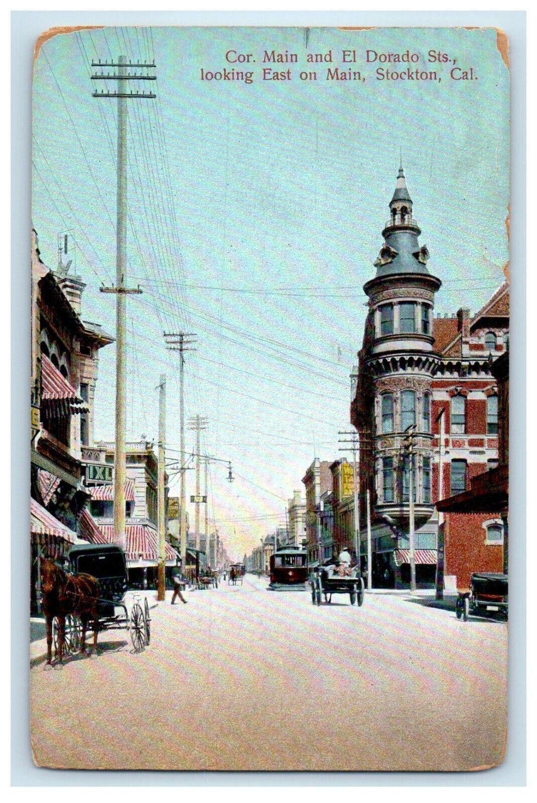 1908 Cor Main El Dorado Sts Looking East Stockton California CA Vintage Postcard