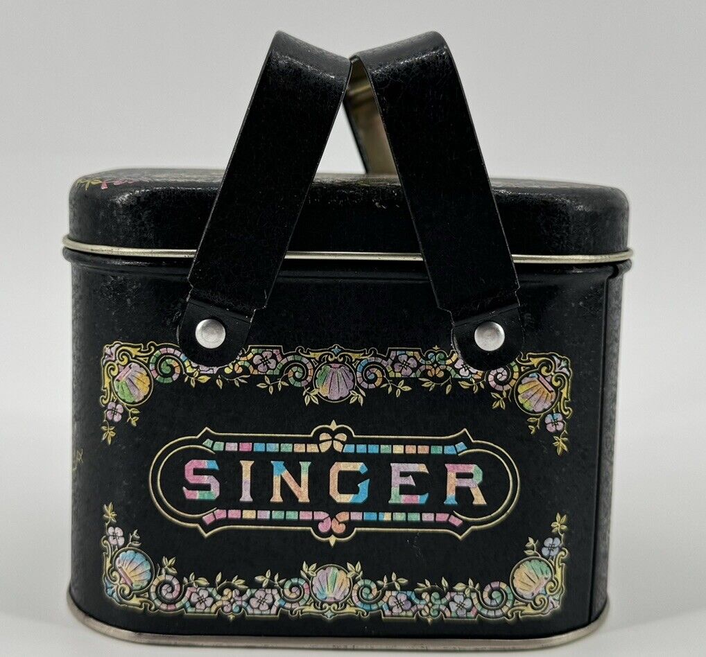 Small Metal Tin. Singer Sewing Machine Double Handled Black /Floral  4x5x3.5