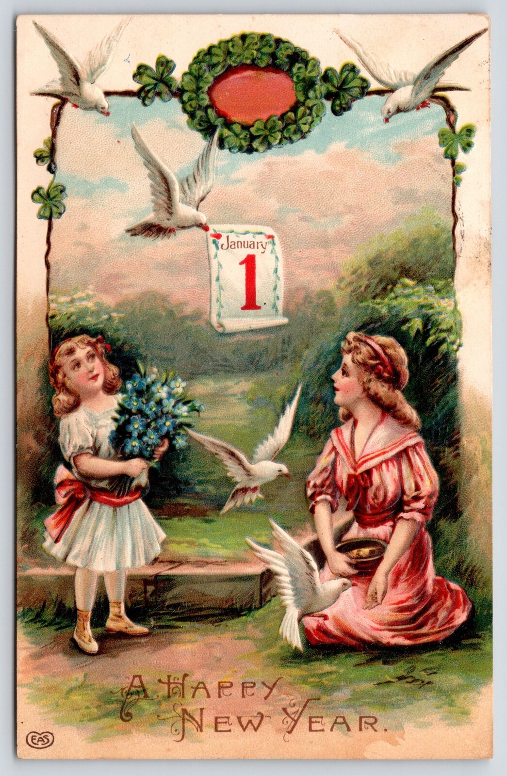 EAS New Year~Pretty Lady Feeds Doves Flowers~Lil Girl Holds Flowers~Jan 1~1910