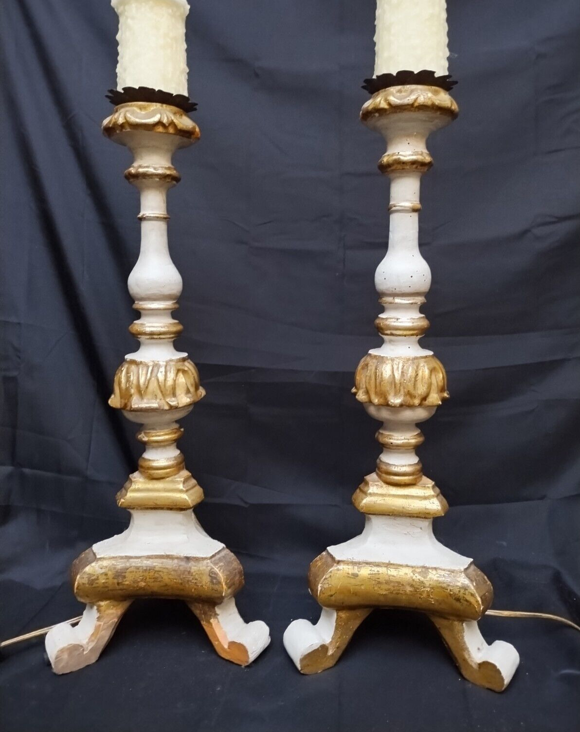 Antique Pair 2 Giltwood Pricket Candlesticks converted to lamps Carved French
