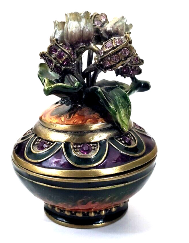 Jeweled Miniature Flower Vase Rhinestone Trinket Box Ring Holder Pill Box 2.75\