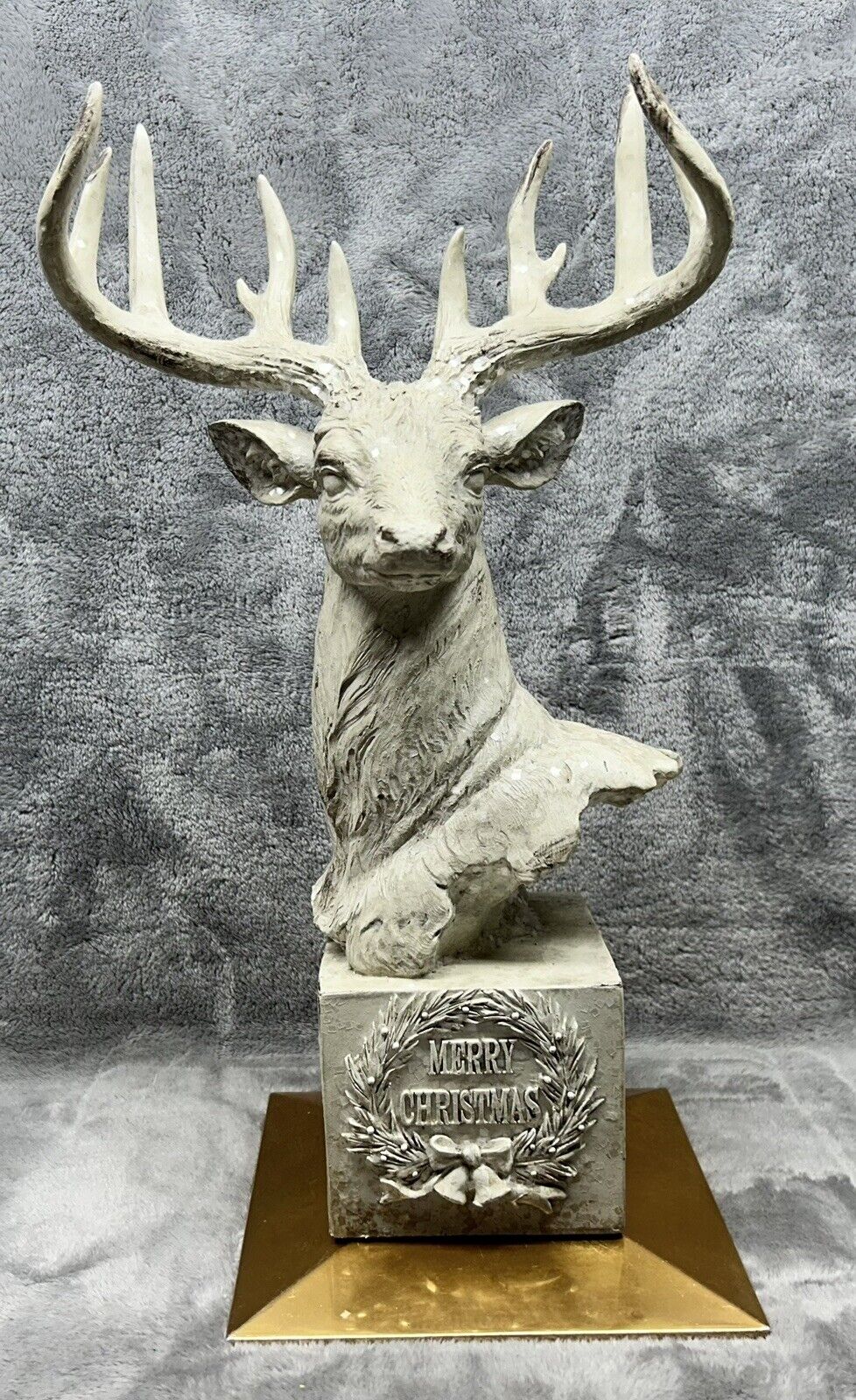 Resin Deer Figurine Christmas White Antiqued Glitter 16.5” Tall