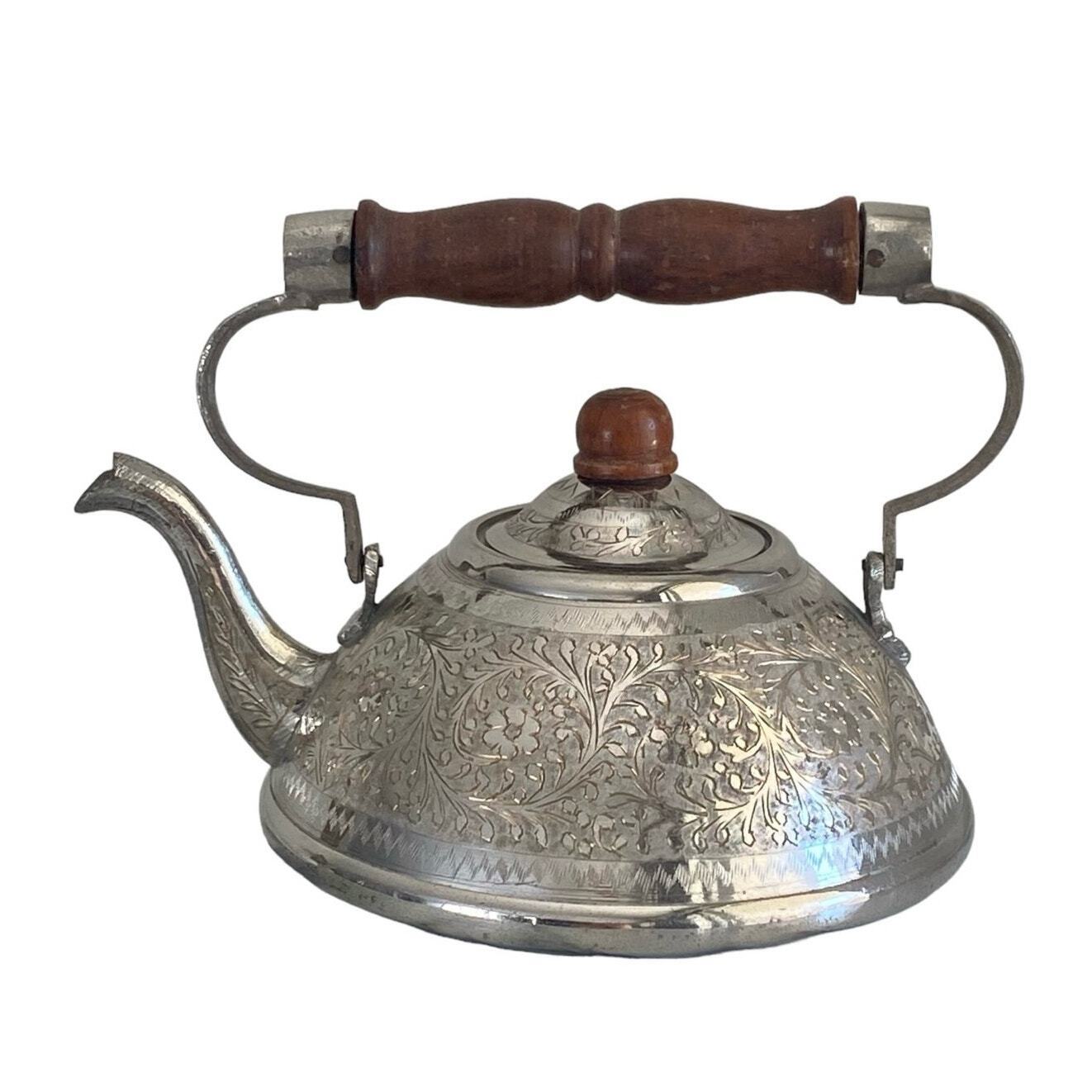 Vintage Ornate Engraved Metal Tea Kettle Silver Tone Brown Wood Handle India 