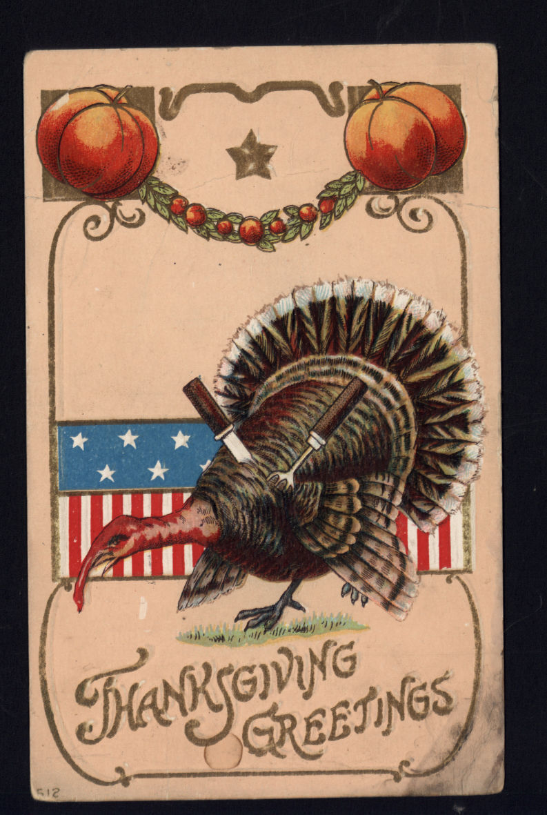 1912 THANKSGIVING GREETINGS * TURKEY PUMPKINS FLAG posted message 1c stamp