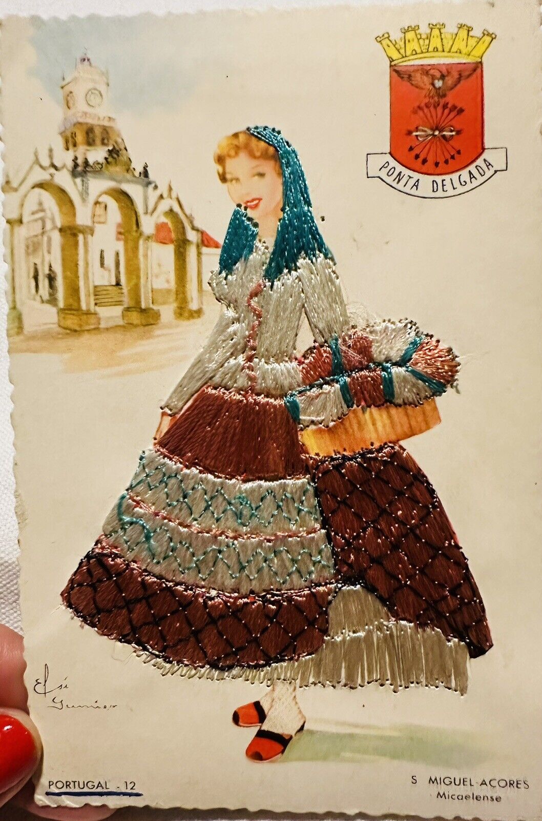 Vintage 1962 Signed Portuguese Embroidered Postcard PONTA DELGADA 