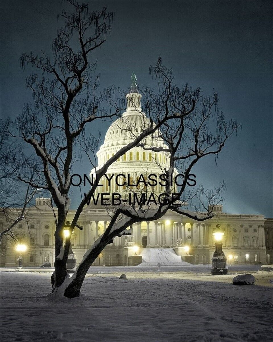 1935 U.S CAPITOL AT NIGHT WINTER COLORIZED PHOTO WASHINGTON DC QUIET GHOST TOWN 