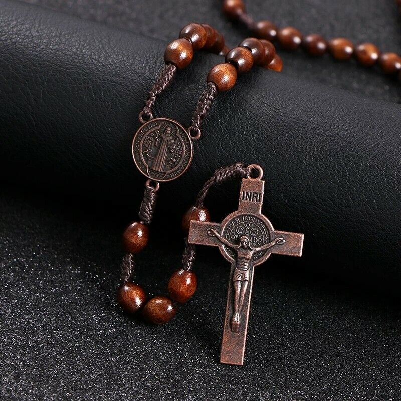 Rosario De Madera Cristo Jesús Cruz colgante de collar de cadena religiosa 